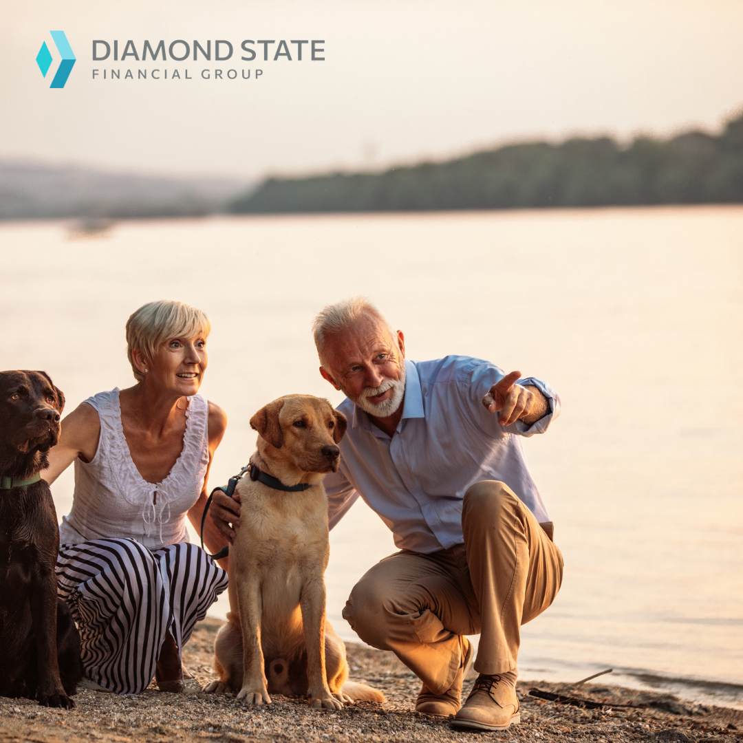 Retired Couple on Beach with Dogs. Looking to retire before 65?